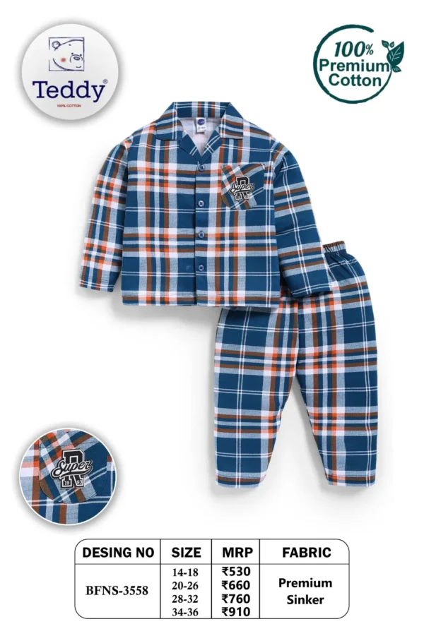 3558-14-16-18-22-24-26-28-30-32-34-36 Teddy Boys BFNS-3558 Checked Cotton Night Suit