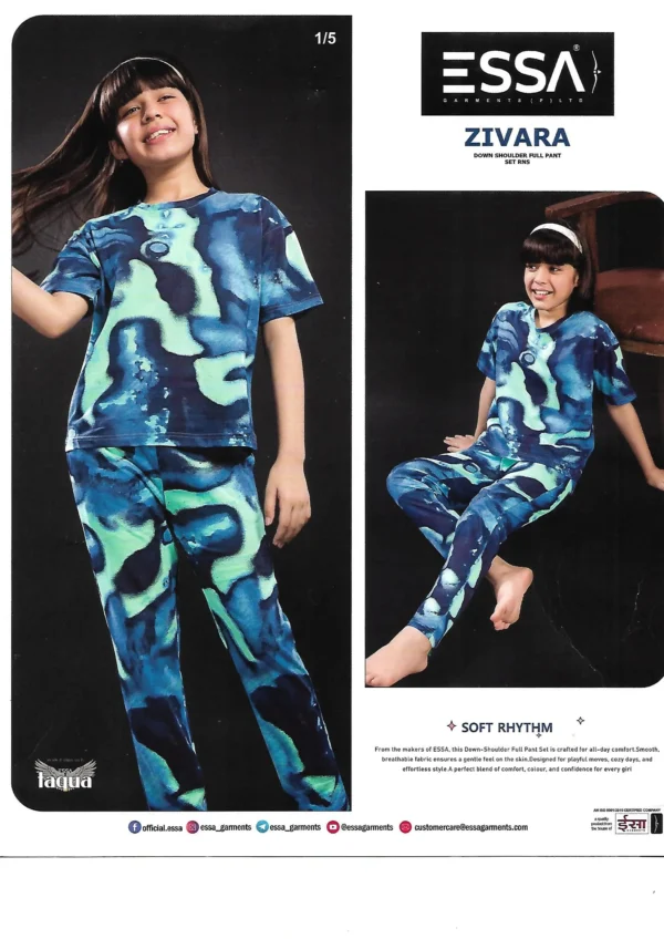 ESSA-ZIV-1 Essa Zivara girls blue printed casual and lounge wear set